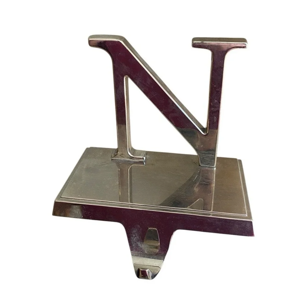 N Letter Christmas Stocking Hanger Hook Holder Mantle Fireplace Silver Metal